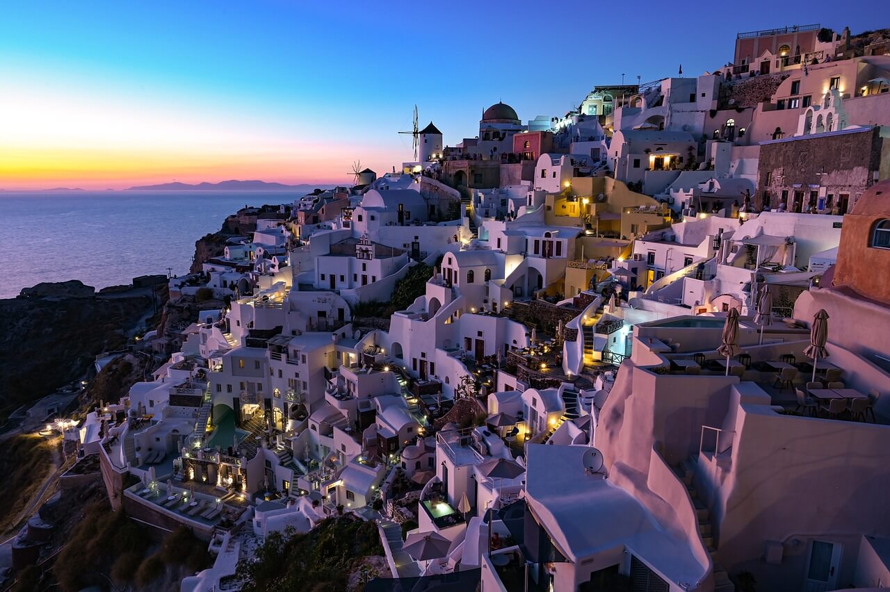 Evening view of houses on the island of Santorini (Thira).